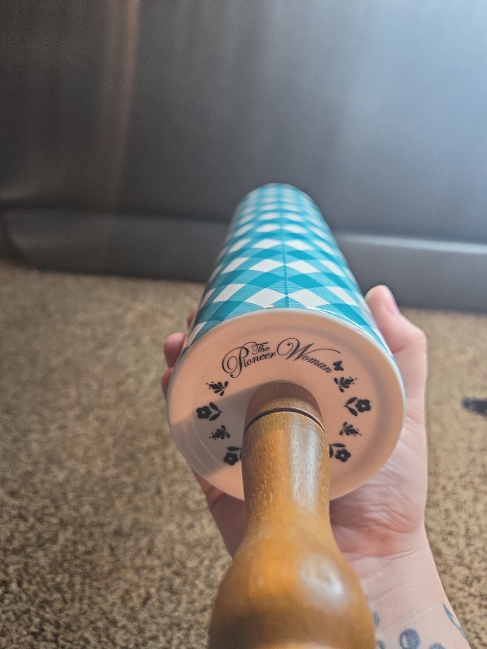 Pioneer Woman Charming Check Teal Plaid Rolling Pin with Wooden Handles - Picture 2 of 3